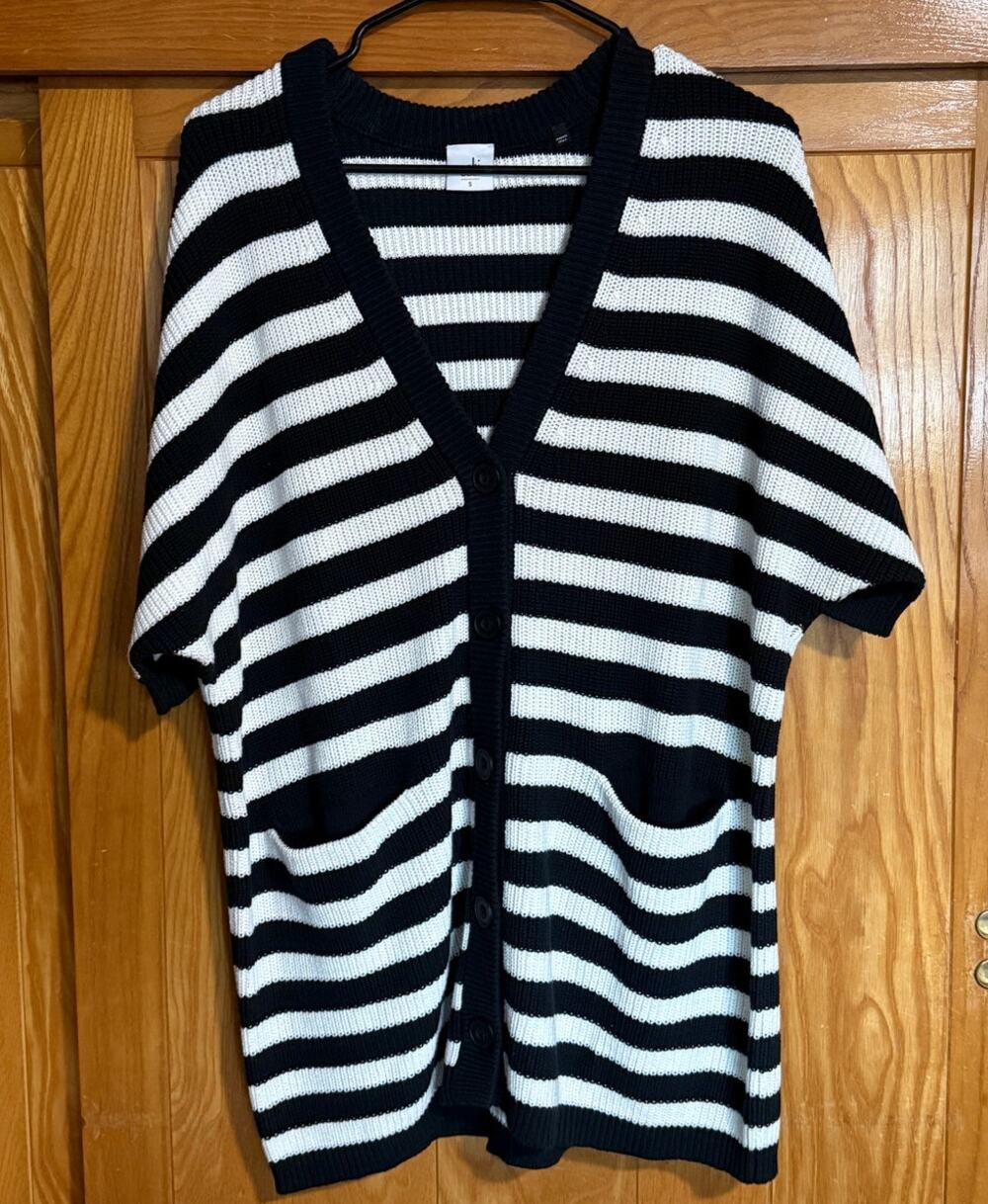 CAbi Whistle Striped Cardigan Sweater Short Sleeve BlackWhite S